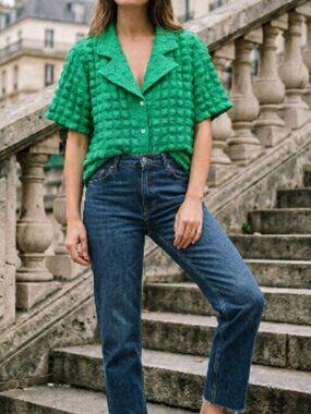 Y2K Versona Top Women's Medium Kelly Green Button Bubble Blouse Dopamine Retro